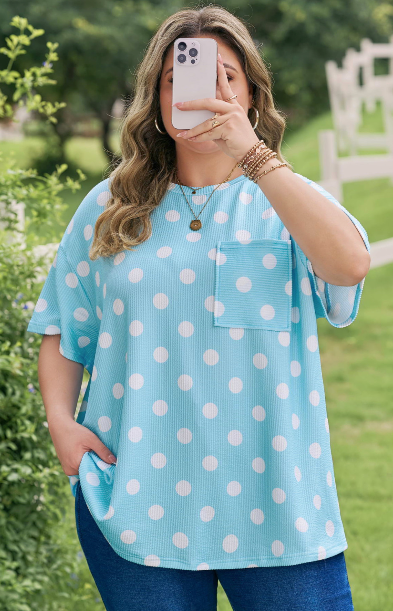 PLUS Sky Blue Ribbed Polka Dot Tee