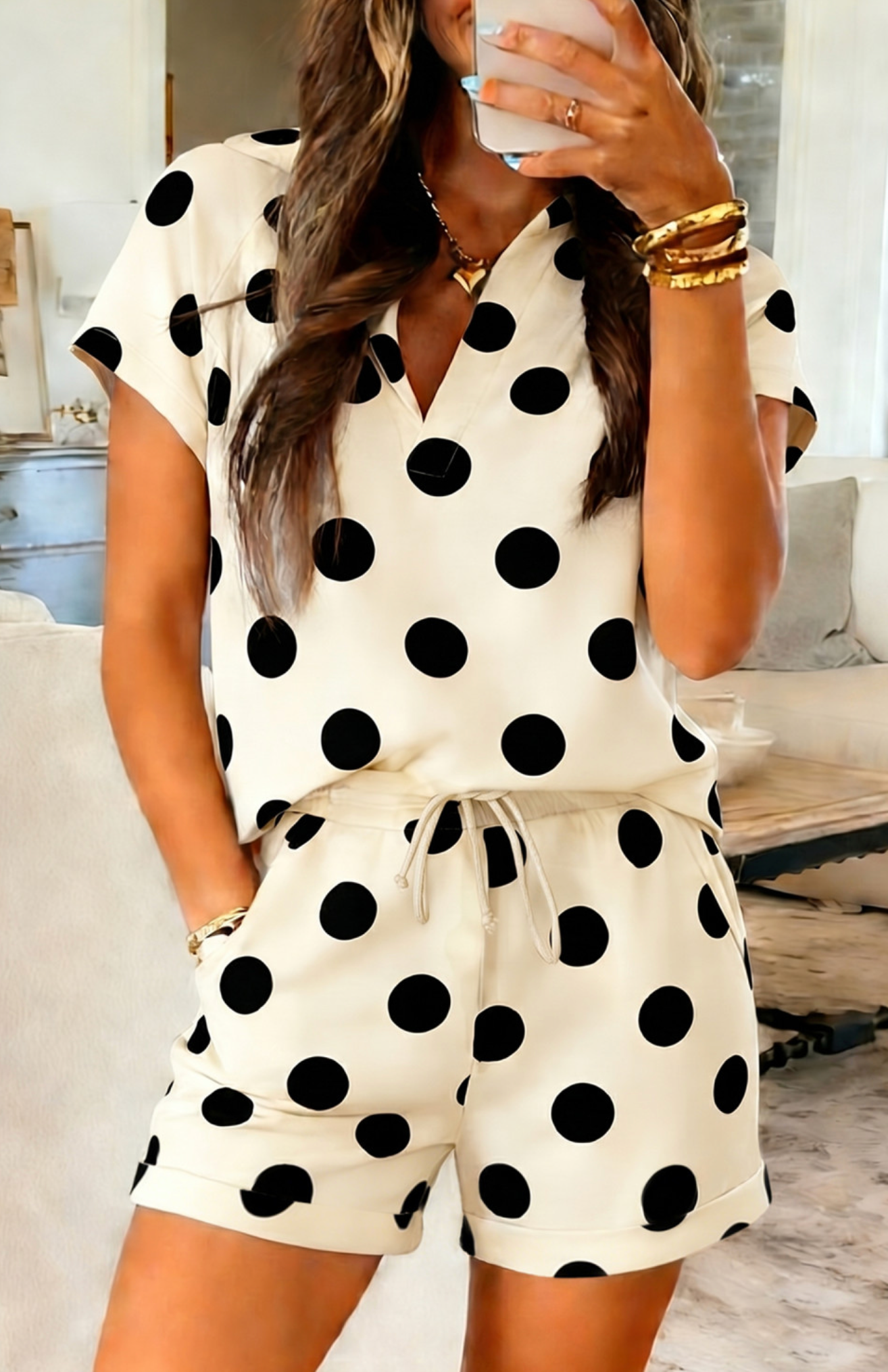 Beige Polka Dot VNeck Short Set