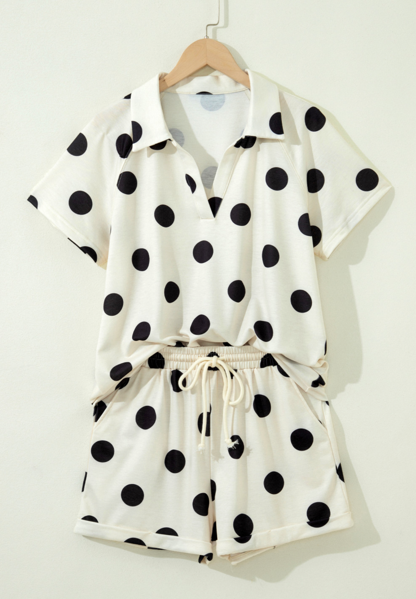 Beige Polka Dot VNeck Short Set