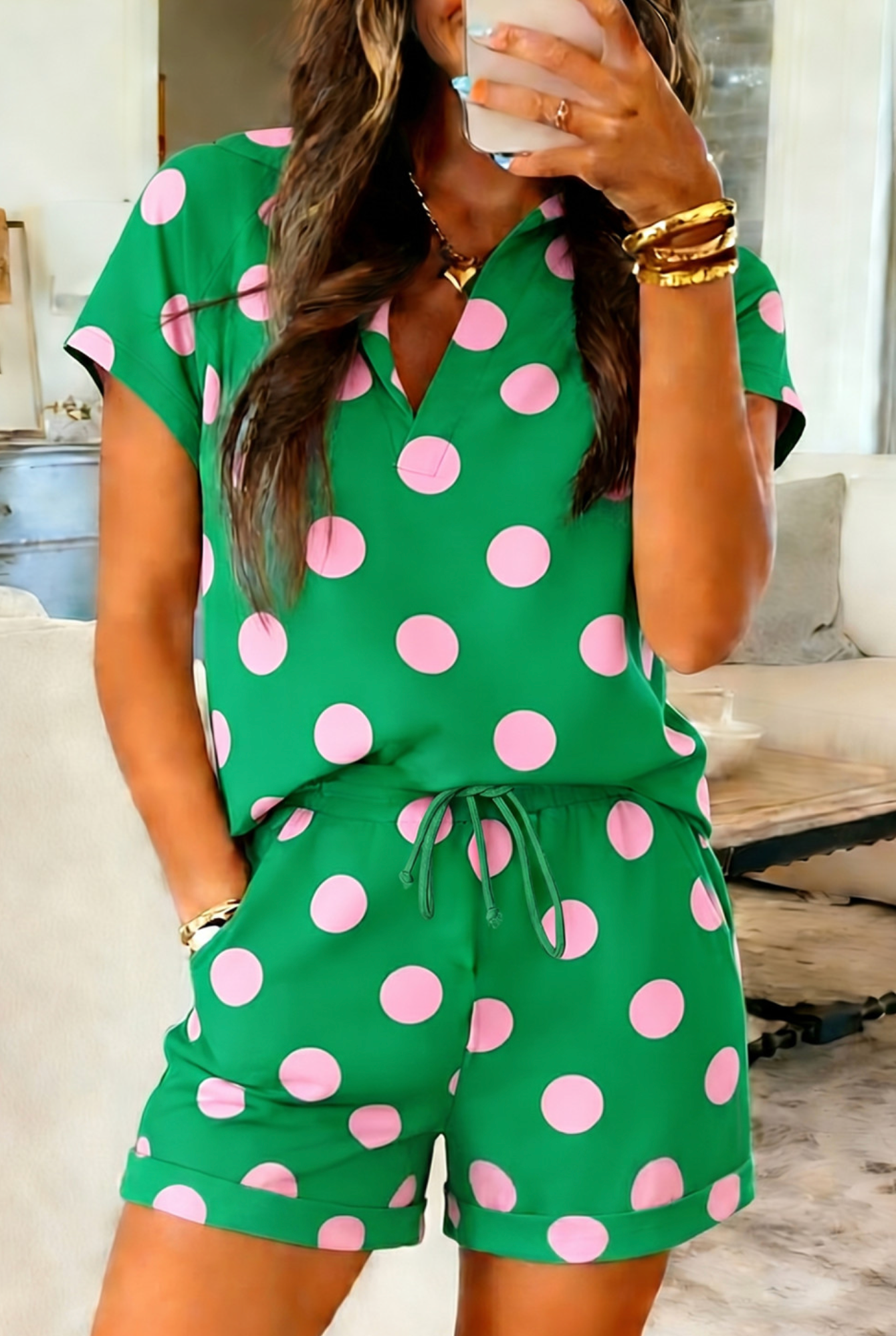Green Polka Dot VNeck Short Set