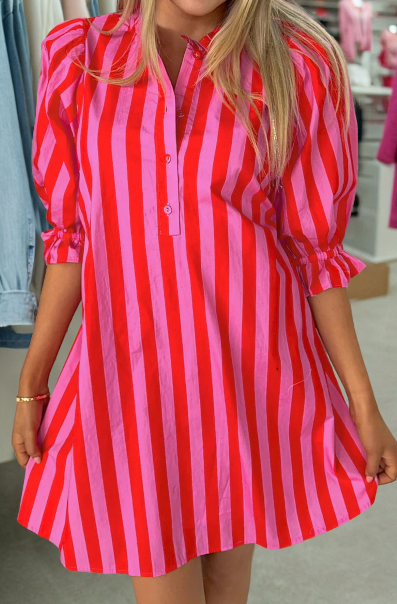 Red Stripe Puff Sleeve Mini Dress