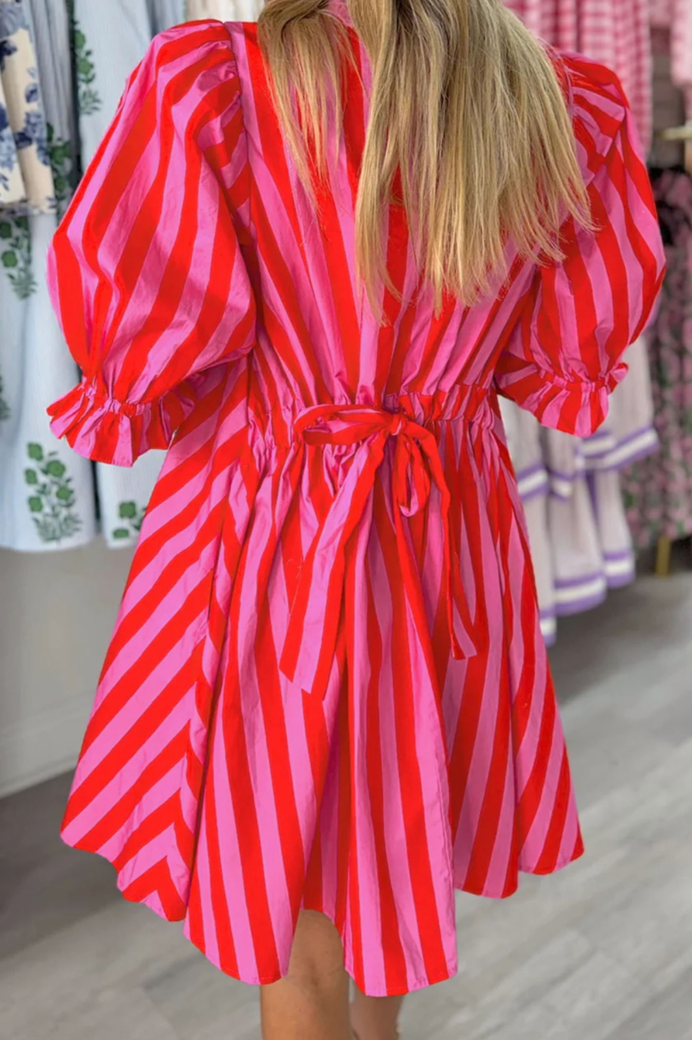 Red Stripe Puff Sleeve Mini Dress
