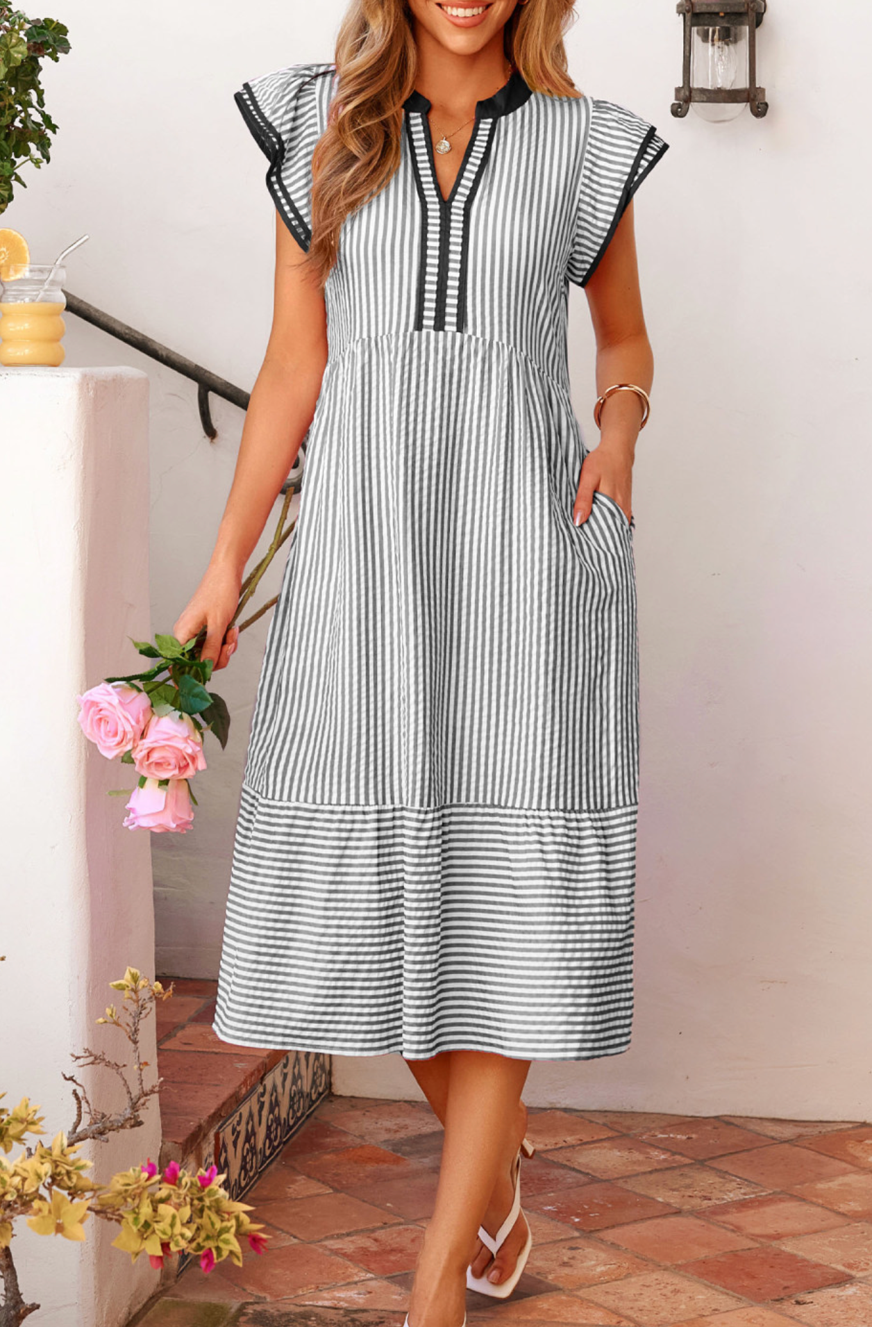 Black Stripe VNeck Casual Long Dress
