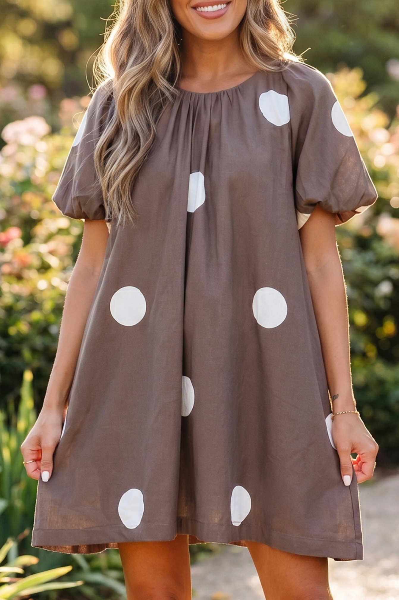 Brown Polka Dot Knot Back Puff Dress