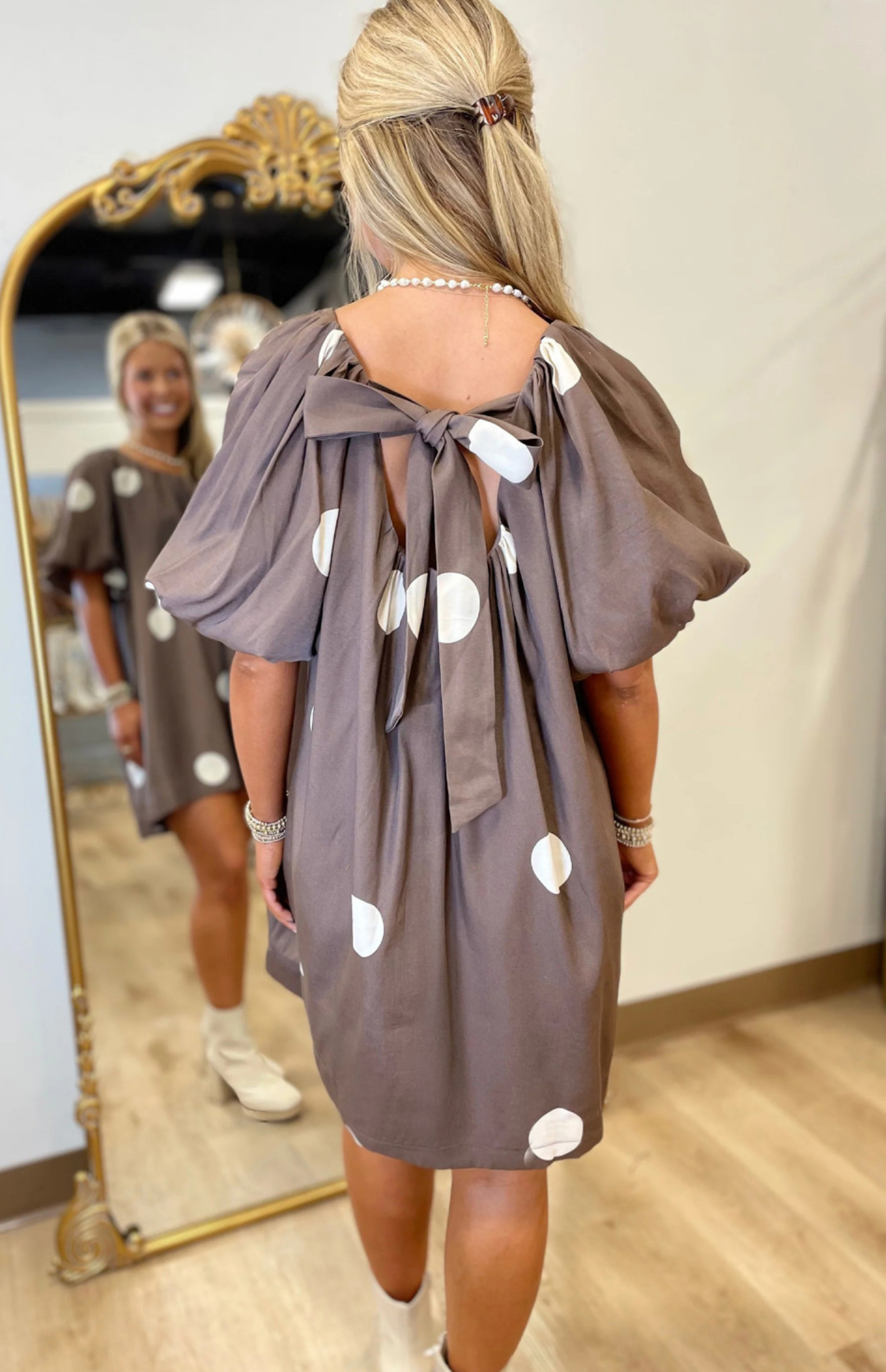 Brown Polka Dot Knot Back Puff Dress