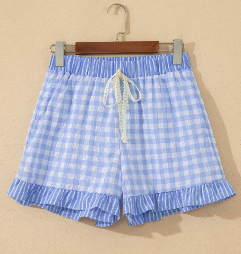 Blue Gingham Ruffle Lace Shorts