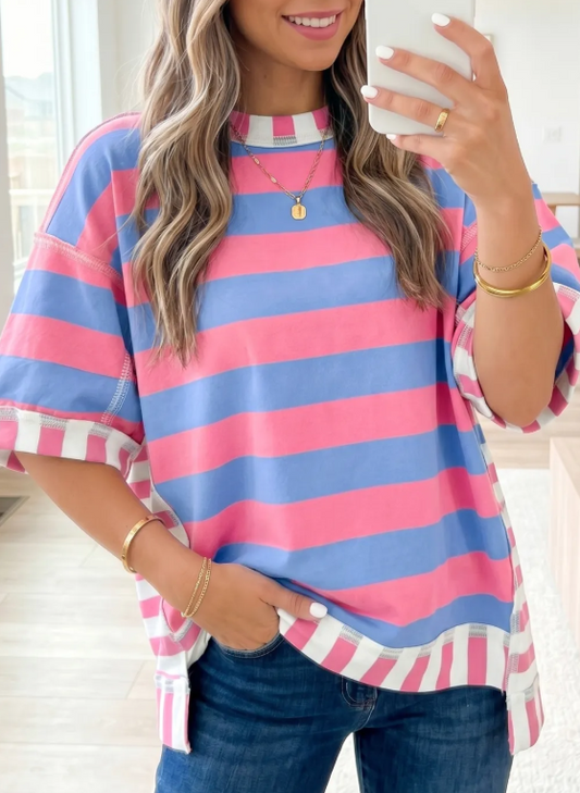 Pink Stripe Patchwork Oversized Top