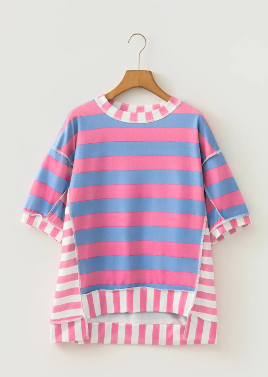 Pink Stripe Patchwork Oversized Top