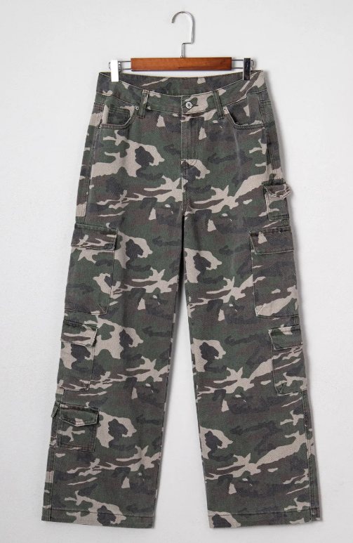 Camo Denim Cargo Wide Leg Jeans