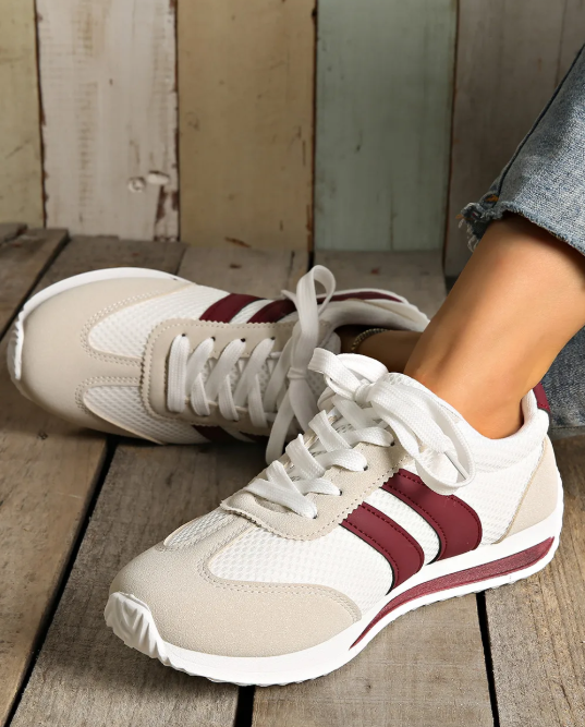White/Maroon Patchwork Sneakers