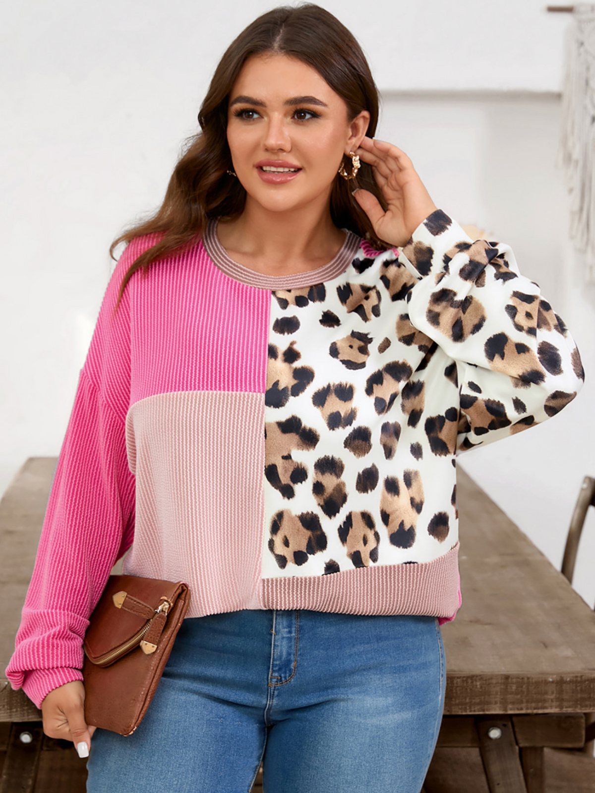 PLUS Rose Red Ribbed Leopard LS Top