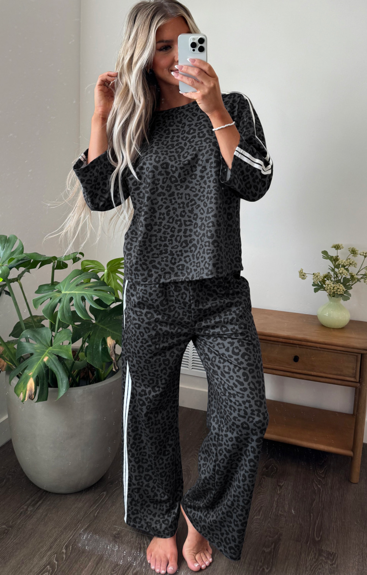 Gray Leopard Varsity Stripe Pant Set