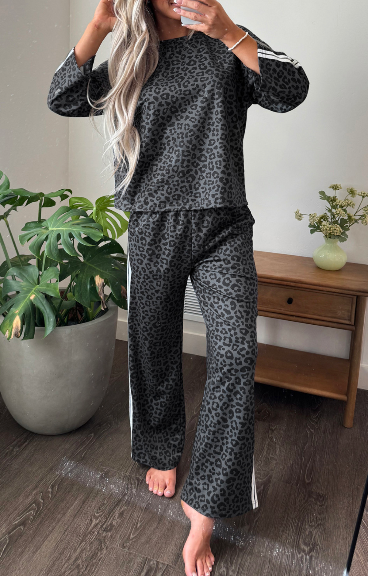 Gray Leopard Varsity Stripe Pant Set