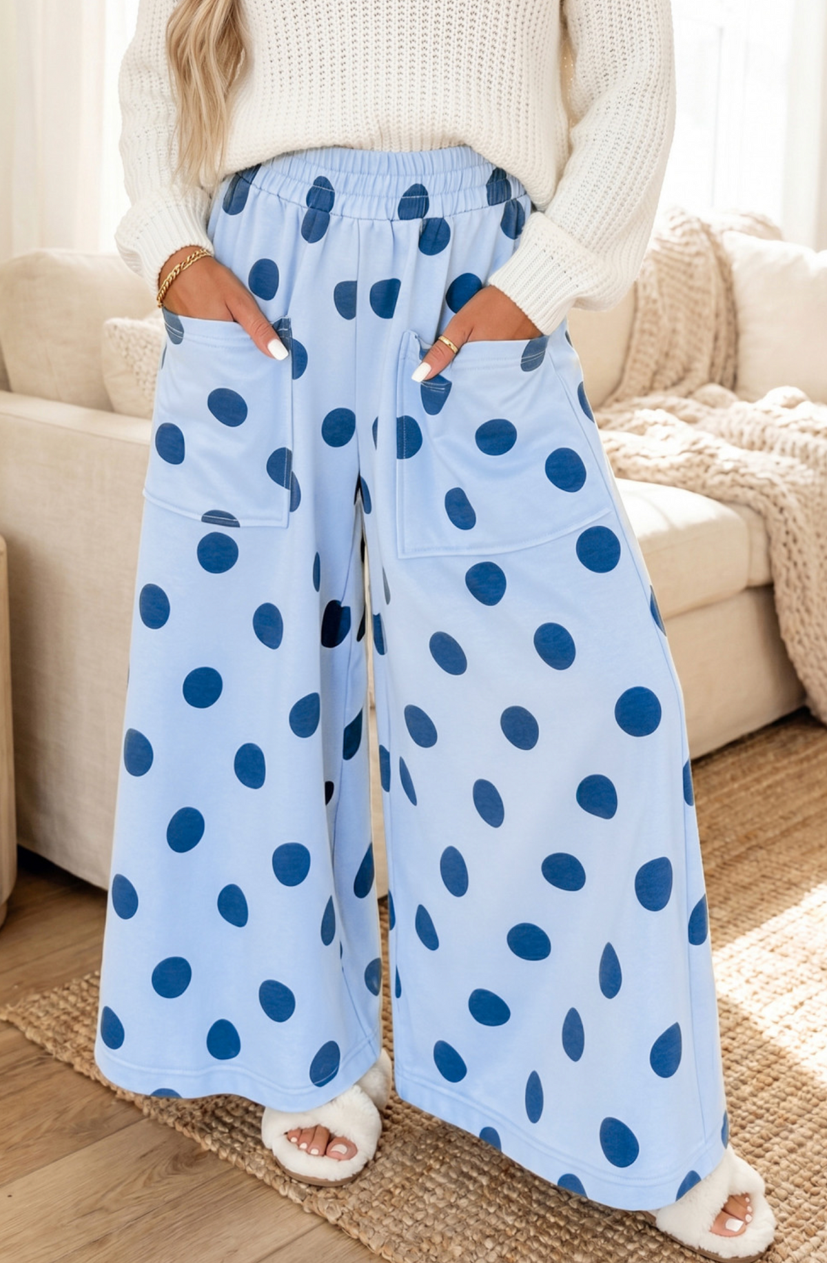 Sky Blue Polka Dot Wide Leg Pant