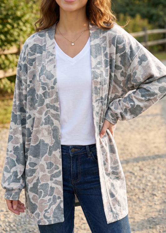 PLUS Camo LS Open Front Cardigan