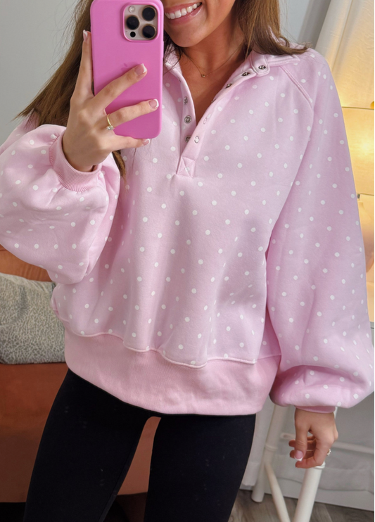 Pink Polka Dot Buttoned Sweatshirt
