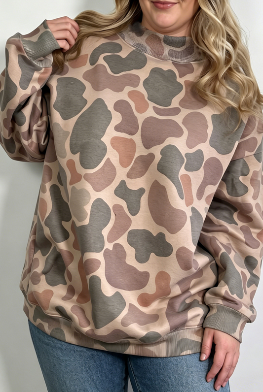PLUS Brwn Camo Mock Neck Sweatshirt