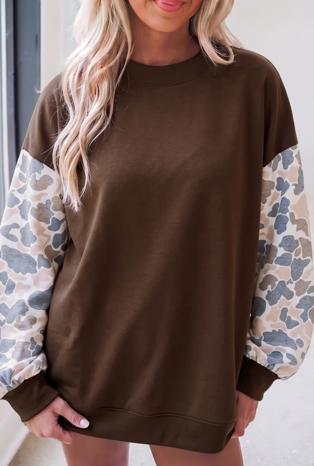 PLUS Coffee/Camo Sleeved Sweatshirt