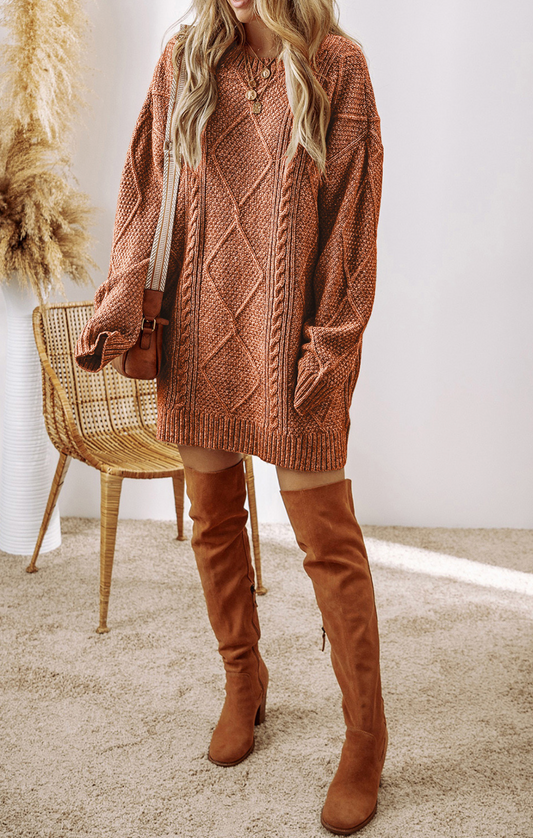 Coffee Cable Knit Sweater Dress