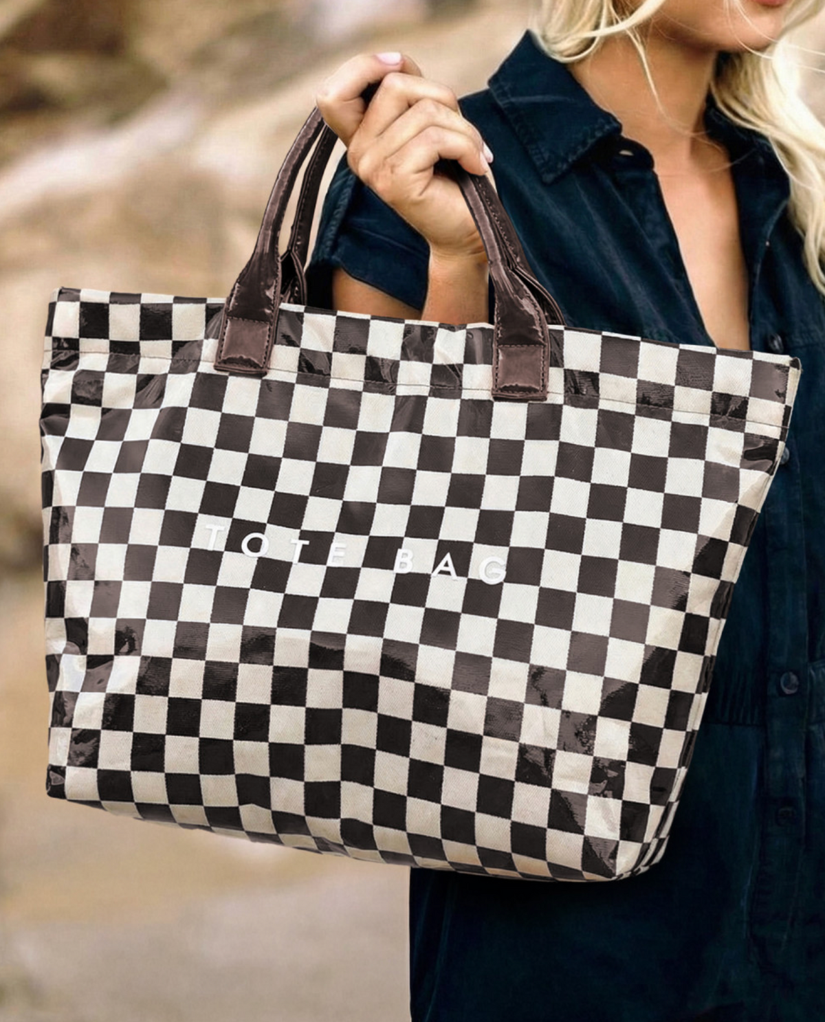 Drk Brwn Checkered Glossy Tote Bag