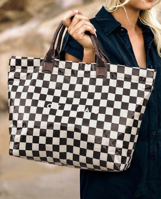 Drk Brwn Checkered Glossy Tote Bag