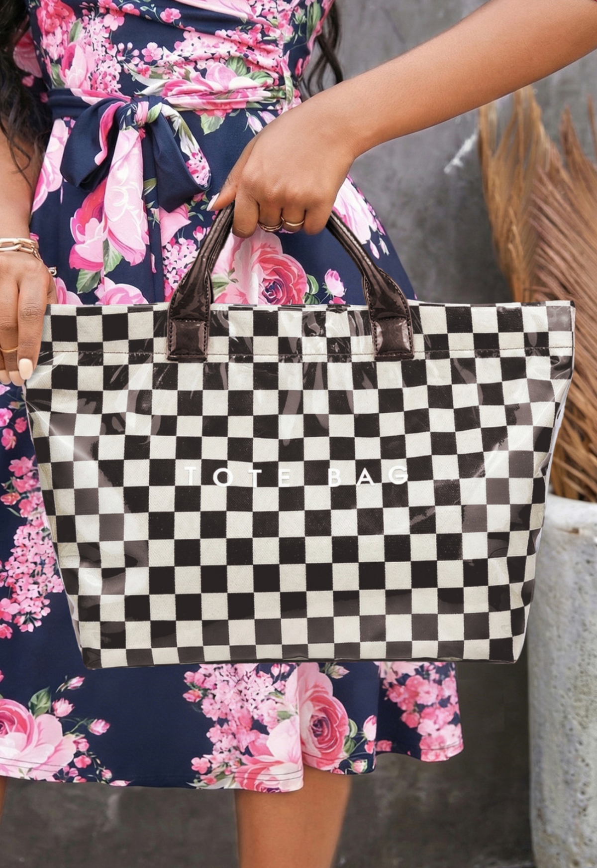 Drk Brwn Checkered Glossy Tote Bag