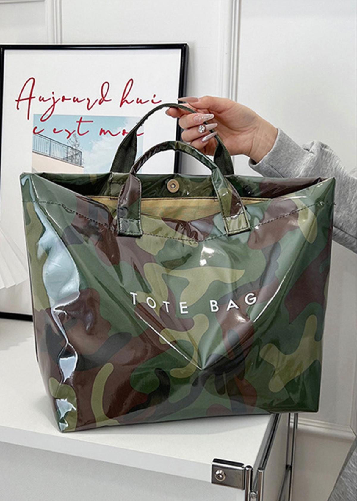 Green Camo Glossy Tote Bag