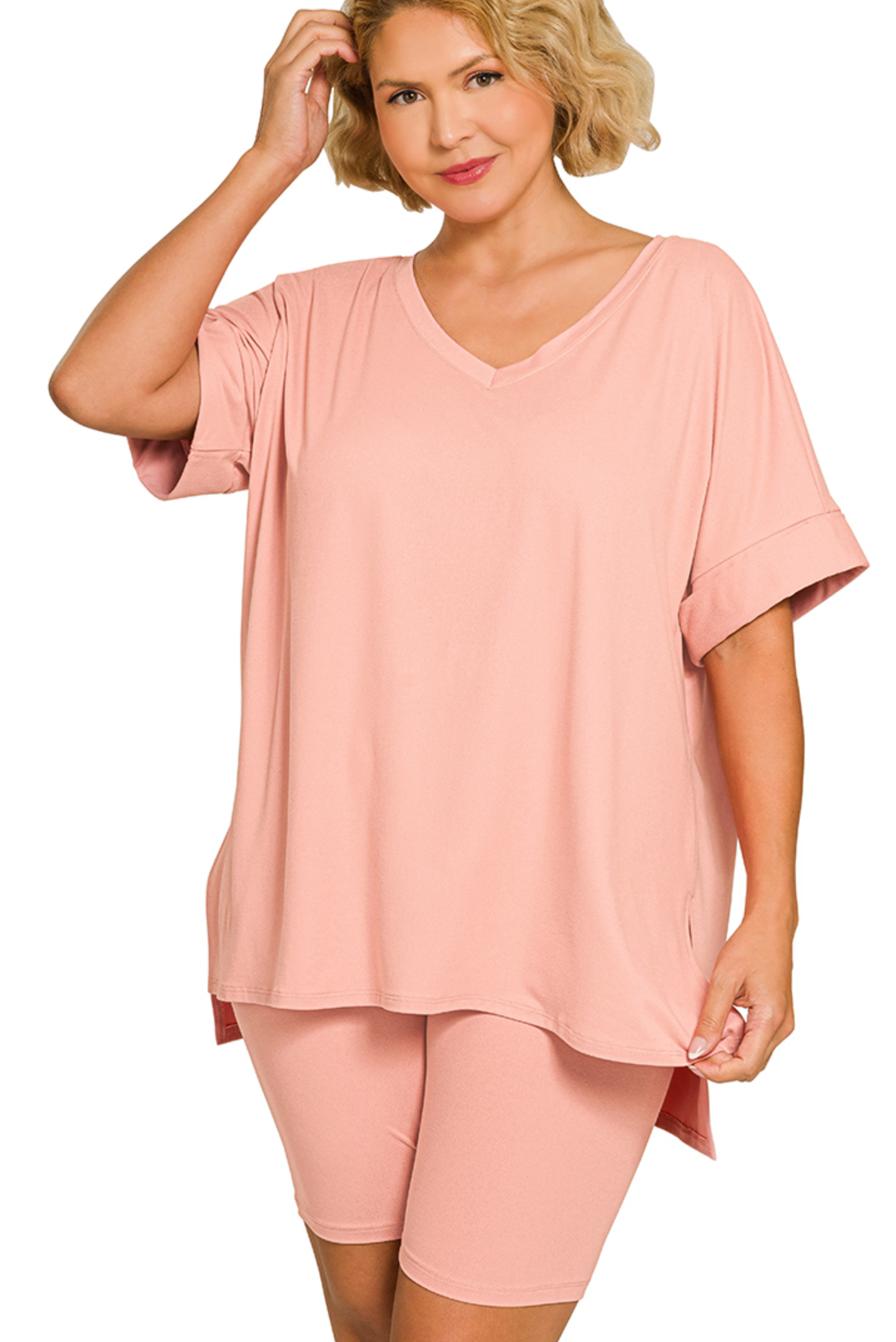 PLUS VNeck & Biker Short Set