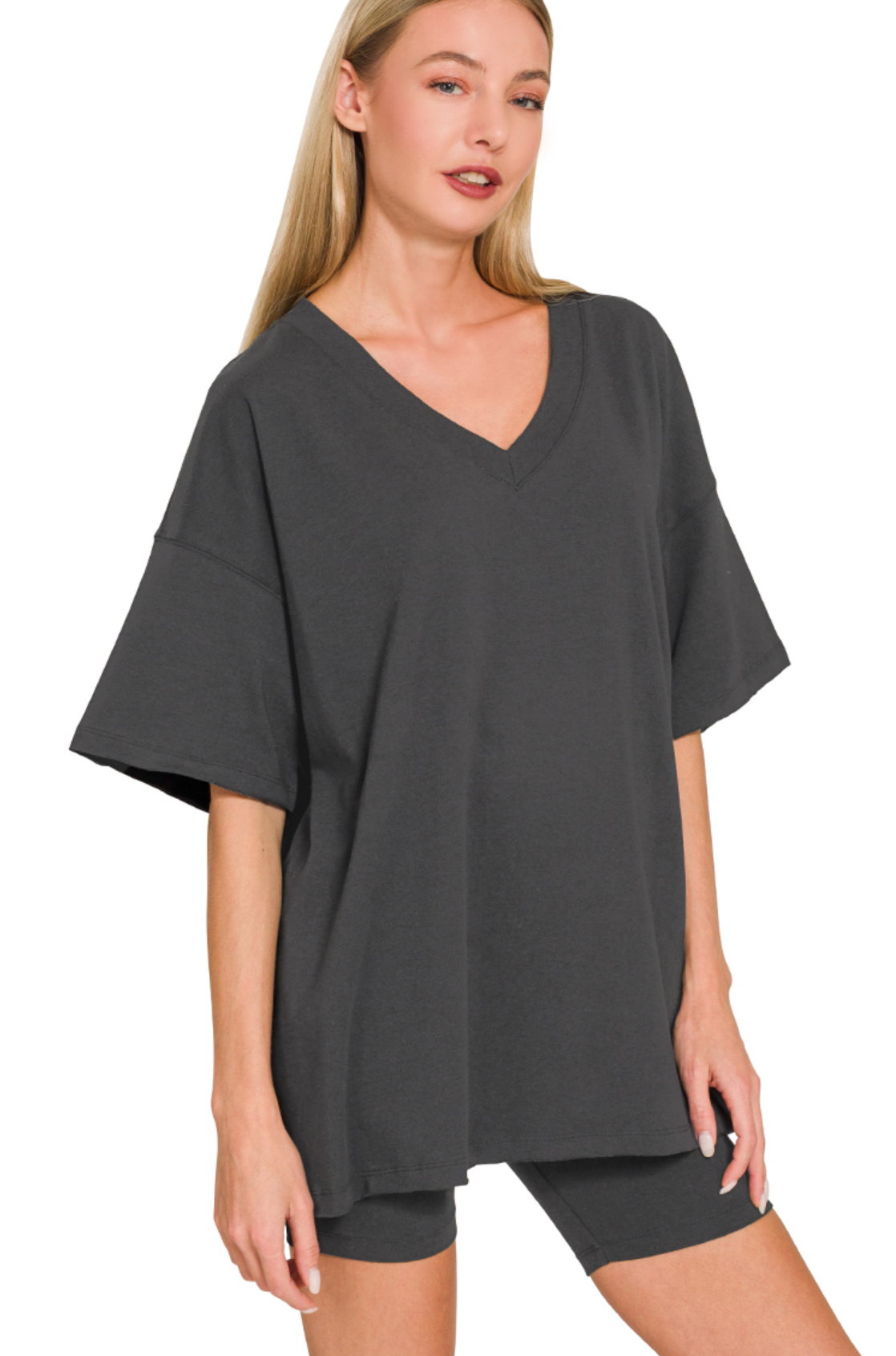 Cotton VNeck/Biker Short Set
