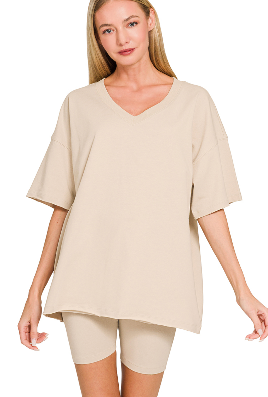 Cotton VNeck/Biker Short Set