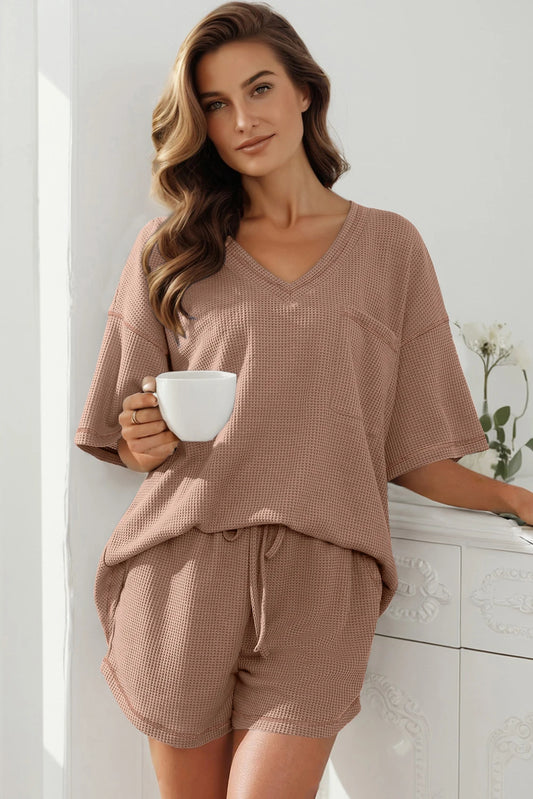 Chestnut Waffled Loose Tee/Short Set