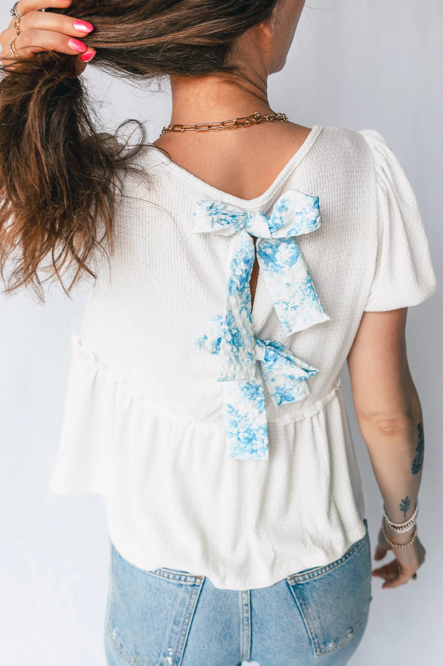 White VNeck Ruffle Bow Top
