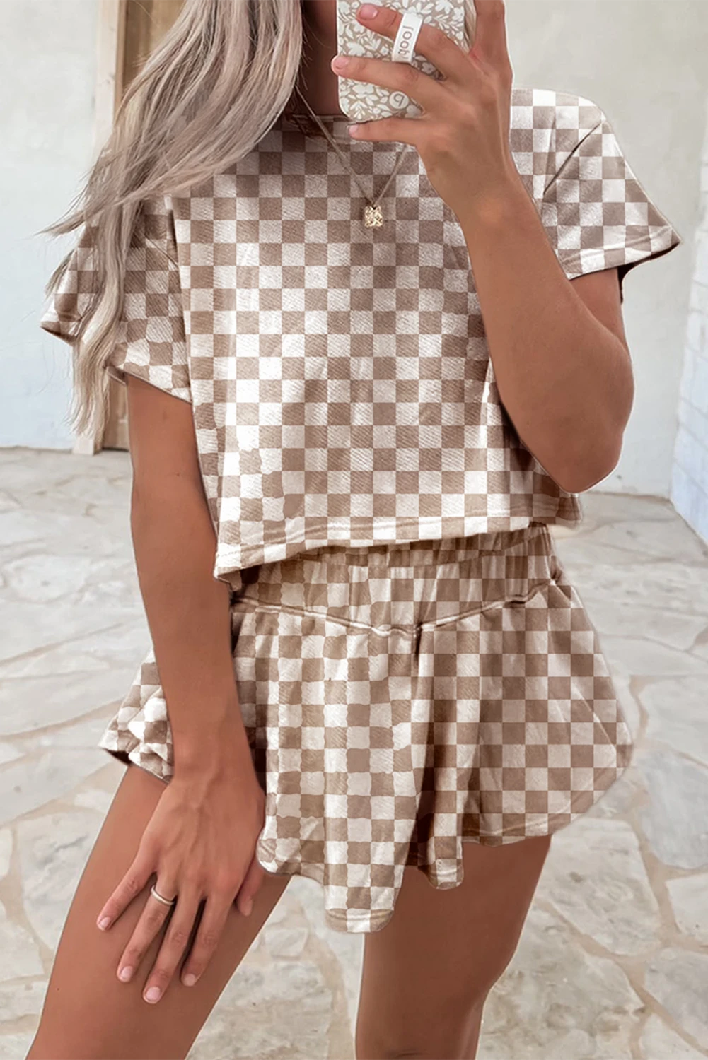 Brown Checkered TShirt/HW Skort Set